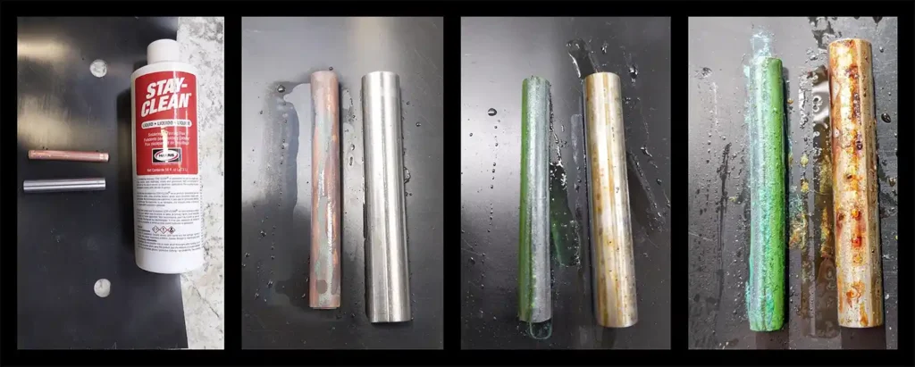 set of images displaying the variance in corrosion resistance between stainless and copper tubing.