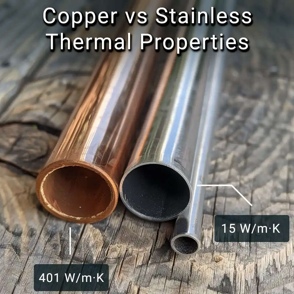 2 pieces of tubing, one copper and one stainless, same as used in wort chillers, displaying the thermal properties of each.