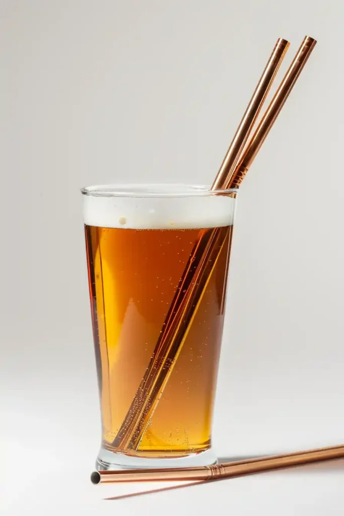 a copper and stainless straw in a pint of beer.