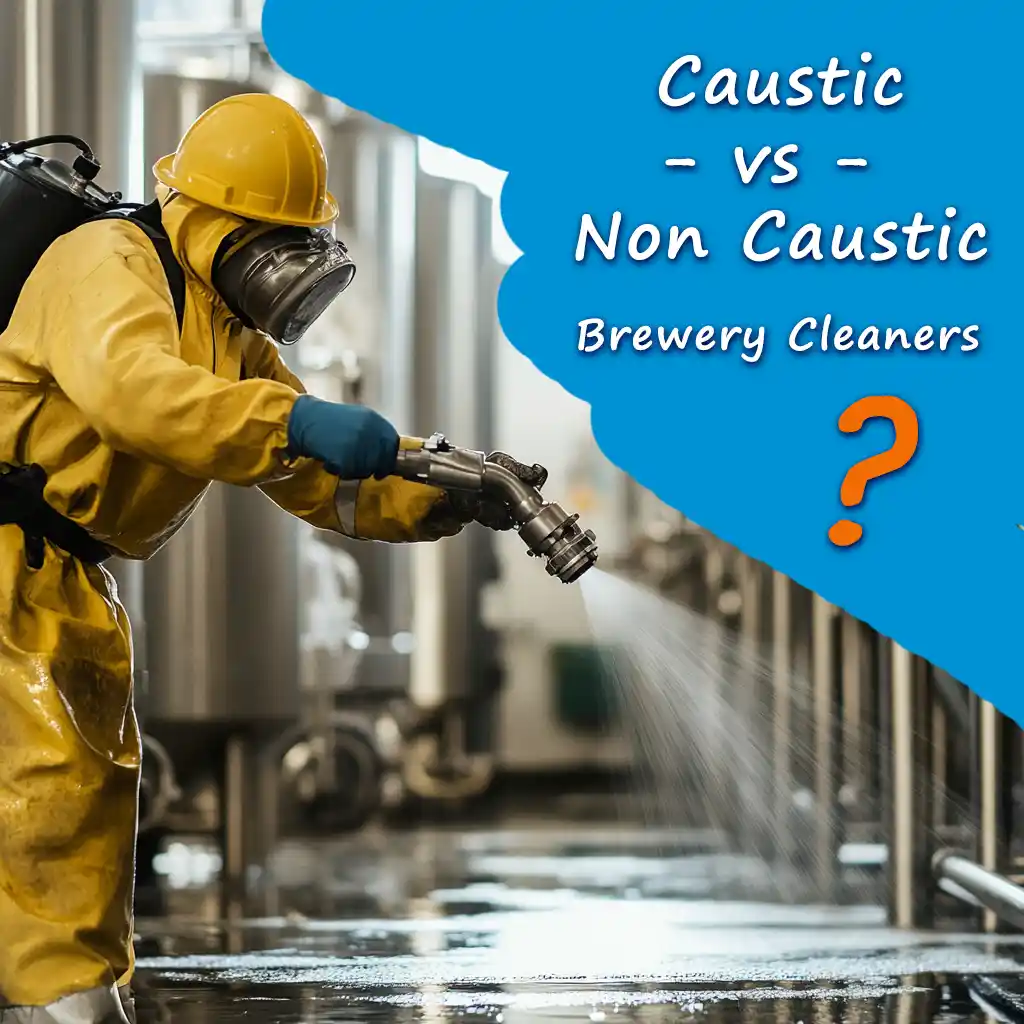 a brewer working with caustic and non caustic alkaline brewery cleaners to determine the difference between the two types of brewery wash.